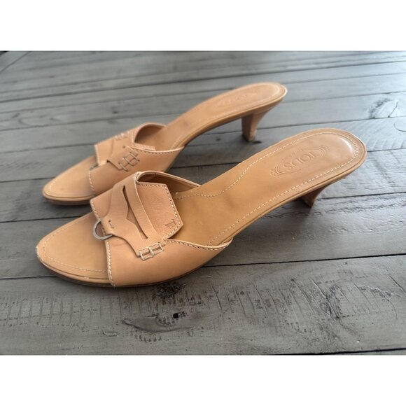 Tod's Tan Leather Kitten Heel Open Toe Slide Sandals Size 9.5 - Picture 1 of 8